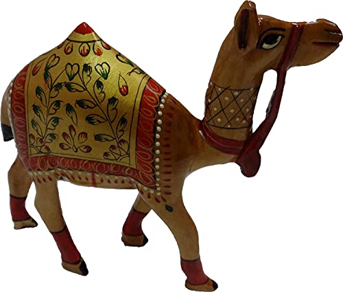 Image of Kanahaiya ji Handmade Gold Meenakari Painted Work Decorative Hand Crafted Wooden Camel Wood Sculpture Statue Home Decor Art & Craft Showpiece Decoration Diwali Special Figurine Festive Gift 4.3