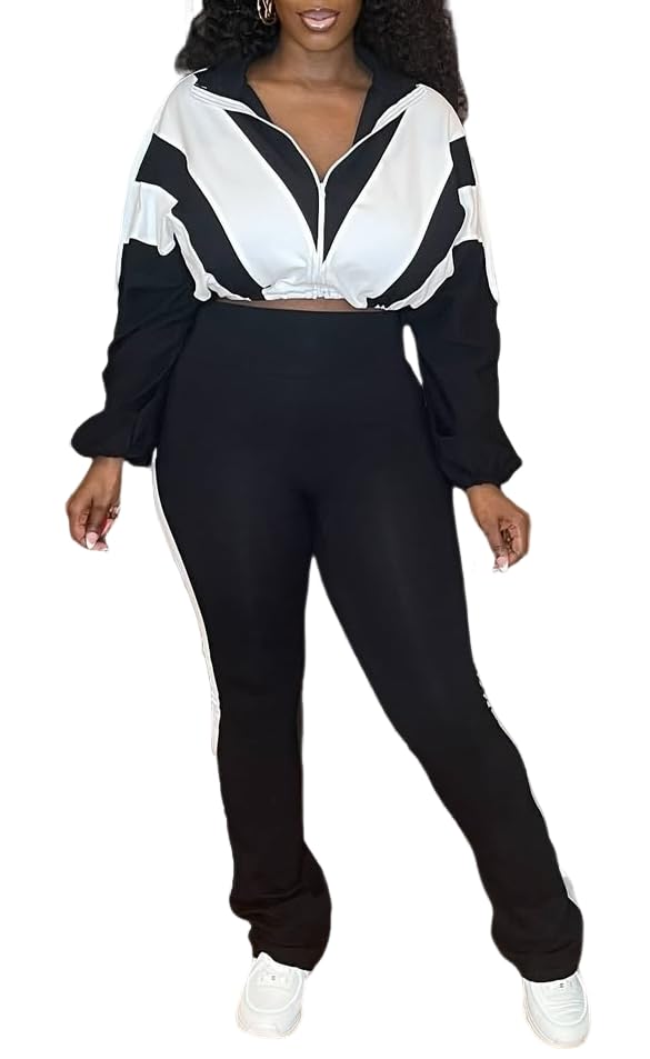Women's 80s Color Block Tracksuit 2 Piece Outfit Zip Up Crop Jacket and Bodycon Pants Set Long Sleeve Sweatsuit