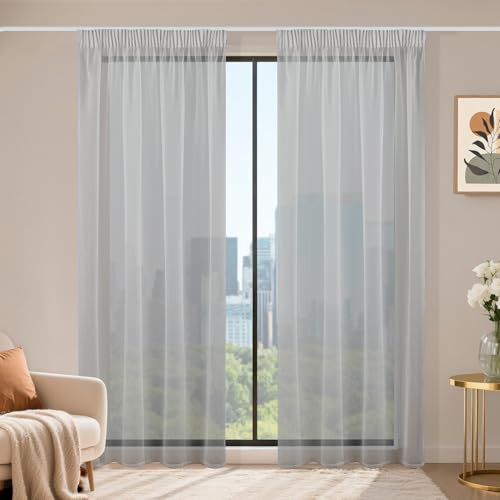 Runyéla Lot de 2 Rideau Voilage Fenetre Gris 140x200 cm(LxH) avec Galon Fronceur, Transparent Moderne Rideaux et Draperies Décorations Intérieurs Cuisine...