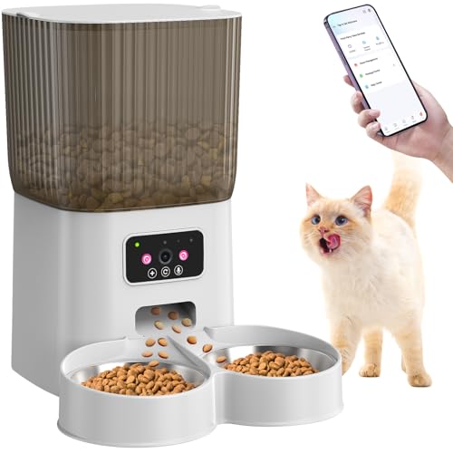Comederos automáticos inteligentes para gatos, comedero para gatos con cámara para dos gatos, video HD 1080P con visión nocturna WiFi 2.4G, alimentador automático para mascotas con audio de 2 vías