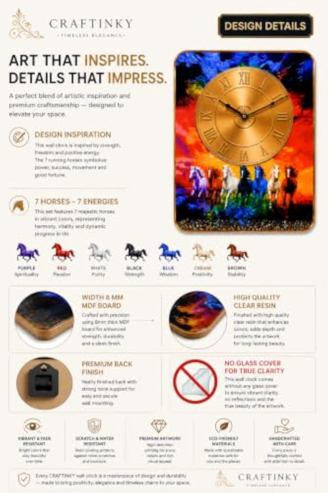 7 Running Horses Vastu Wall Clock, 12x18 Inch