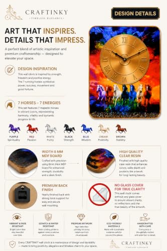 Image of 7 Running Horses Vastu Wall Clock 12x18 Inch | Silent Quartz | Golden Roman Dial | Home Office Living Room Decor Gift