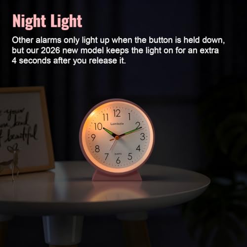 Image of 4.5 Inch Small Pink Analog Alarm Clock, Retro Battery Operated Desk Clock with Night Light Stays On 4 Seconds Vintage Metal Table Clock for Bedside, Nightstand, Bedroom, Office, Bathroom - Pink