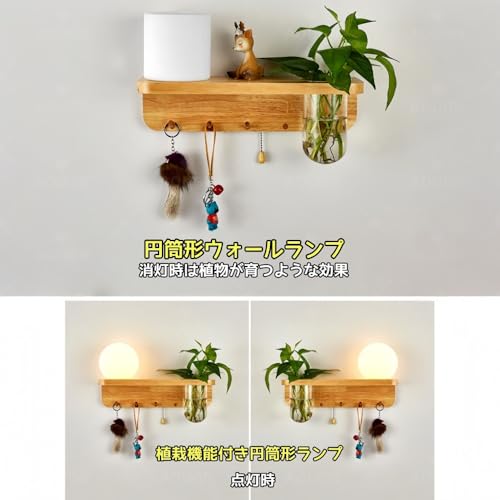 AOUGNウォールライト、壁付け照明、木製、ガラス瓶付き、植物植栽可能タイプ、北欧ナチュラルスタイル、ジッパースイッチ、 組立式、ベッドサイド、リビング、寝室 (丸型 左側グリーン仕様) [2]
