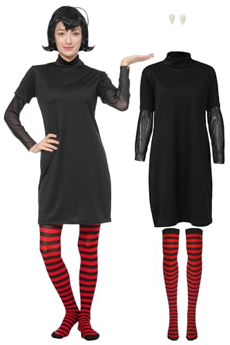 WATCPNO Halloween Vampire Costume for Women Black and Red Striped Tights with Black Dress Fangs Gloves - for Cosplay Parties Halloween(Without wig)