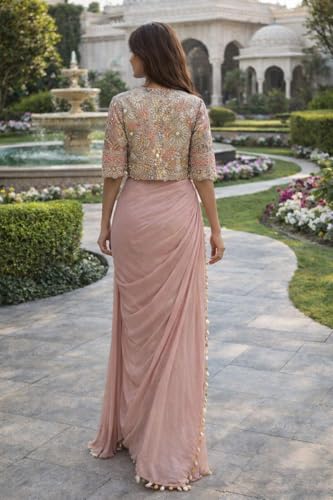 Image of Women's Embellished, Embroidered Ready-to-Wear Crepe Silk Saree with Fully Embroidered Koti, Stitched Blouse & Lace Border - Ethnic for Women