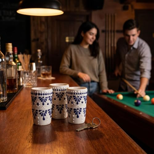 Image of Talavera Shot Glasses Set of 4 Authentic Mexican Tequila Shot Glasses - Hand-painted - 2 Oz (Cascada Cenote Blue)