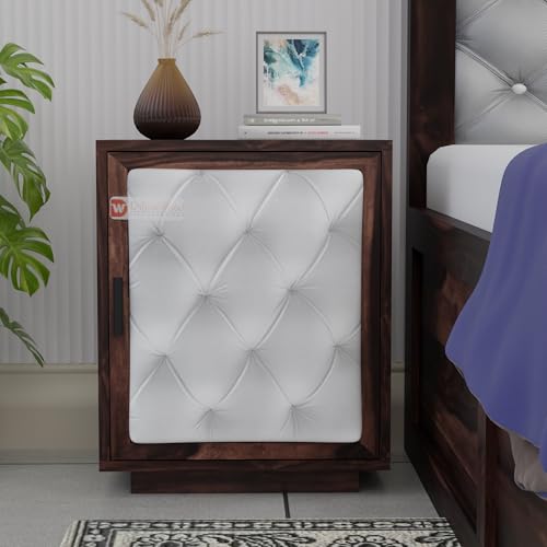 Image of DRIFTINGWOOD Solid Wood Dolvi Bedside Table | Wooden Bed Side Tables | Nightstand Side Table for Bedroom | Nigh Stand End Table with Upholstery Front| Walnut Finish