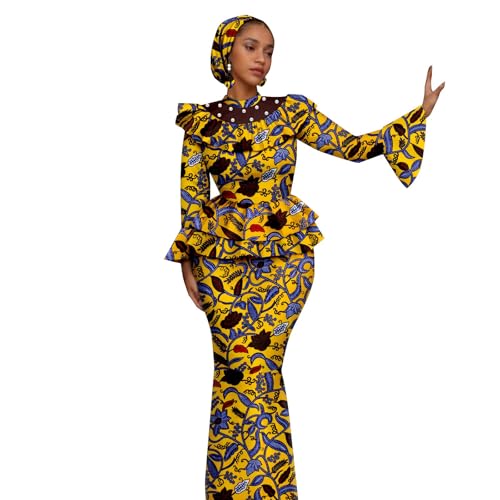 African Dresses for Woman Luxury Elegant 3 Piece Skirt Set Dashiki Ankara Print Top Skirt and Headscarf