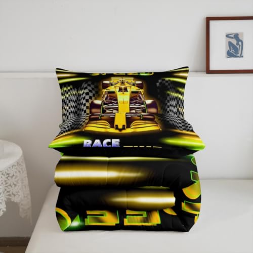 Image of Feelyou Kids Race Car Bedding Set King Size, Yellow Ombre Comforter Set Boys Girls Racing Speedy Car Duvet Insert Teens Bedroom Decor Bed Set 3Pcs