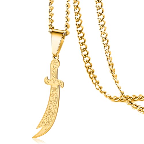 VASSAGO Collier épée pour homme et femme, collier épée zulfiqar Imam Ali Zulfiqar avec pendentif rune arabe musulmane, bijou talisman, amulette religieuse