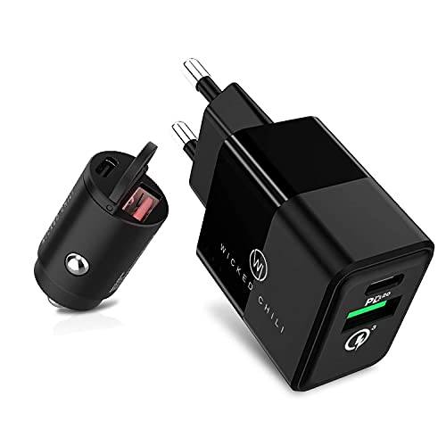 Wicked Chili 20W Dual USB Netzteil und 30W Dual KFZ USB Ladegerät kompatibel mit iPhone 14, 13, 12, 11 (Pro, Max, Plus, Mini) XS, X, 8 SE 2020 und geeignet für Samsung Galaxy - 50W Fast Charge Set