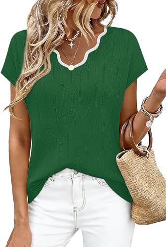 Image of WIHOLL Womens Summer Tops Cap Sleeve Sweater V Neck Shirts Beach Vacation Clothes Business Casual Fashion Clothing