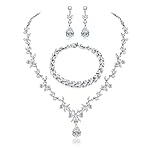 Hadskiss Jewelry Set for Women, Necklace Dangle Earrings Bracelet Set with White AAA Cubic Zirconia, Allergy Free Wedding Party Jewelry for Bridal Bridesmaid