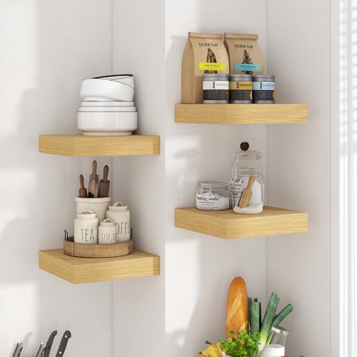 Image of Axeman Square Floating Shelves for Wall, 8 inch W x 8 inch D x 1.4 inch H Rustic Wooden Wall Shelves, 4 Pack Wall Mounted Floating Shelf with Invisible Brackets for Living Room, Bathroom, Kitchen, Oak Color