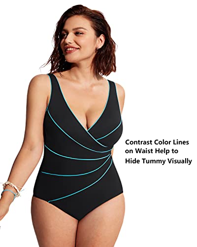 DELIMIRA Women's Slimming Swimwear One Piece Piped Swimsuit Plus Size Bathing Suit3