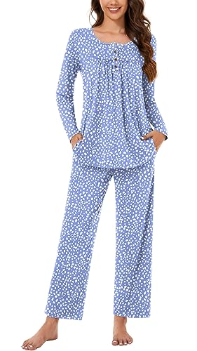 Bestbee Womens Pajama Set, 2 Piece Lounge Outfits Pleated Sleepwear Sets Long Sleeve Long Pants With Pockets Ladies Pjs, M, Spotted Blue