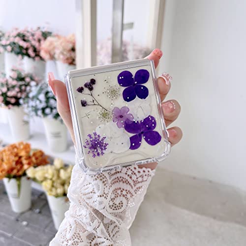 Shinymore Galaxy Z Flip 3 Real Flower Case, Soft Clear Flexible Rubber Pressed Dry Real Flowers Case Girls Women Glitter Shockproof Floral Cover For Samsung Galaxy Z Flip 3 -Purple Flower #TOP3