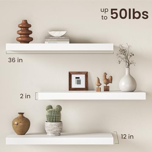Image of 36Inch White Floating Shelves for Wall, 12 Inch Deep Shelves for Bedroom, Kitchen, Bathroom Wall Mounted, Rustic Wood Floating Shelf with Invisible Brackets for Books, Storage, Decor, 2 Packs
