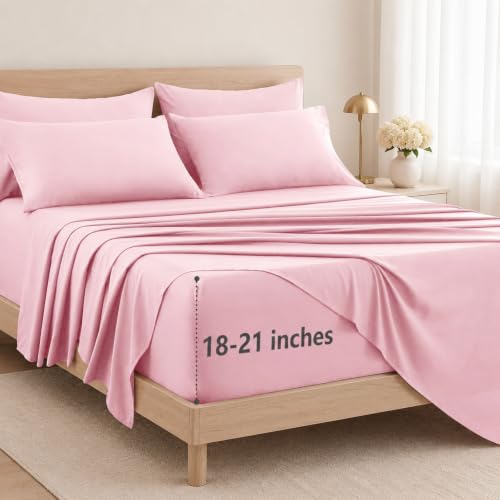 Image of CozyLux 6-Piece Queen Sheet Set, Fits 18-21 Inch Mattresses, Oeko-TEX | 4 Pillowcases, 1 Flat Sheet and 1 Fitted Sheet with All-Around Elastic and 21-Inch Deep Pocket for a Secure Fit, Pink