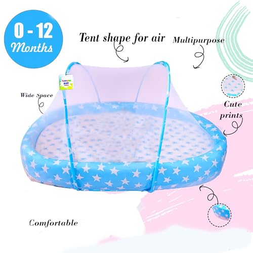 Image of Toddylon Flat Bed Baby Bed Bedding Set for New Born Baby | Bed Mattress | Mosquito Net | Cotton | Travel Bed | Essentials | Toddlers | Infants | Baby Boy Girl (0-12 Months) Blue