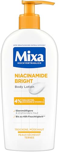 Mixa Loción corporal hidratante, adecuada para cara, cuerpo y manos, adecuada para piel seca y cansada, Niacinamide Bright, hipoalergénica, 250 ml