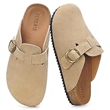 ZUSERIS Suede Clogs for Women Men's Leather Mules Cork Footbed Potato Shoes Comfort House Sandals Adjustable Buckle Antislip Slippers with Arch Support Width,44 Apricot