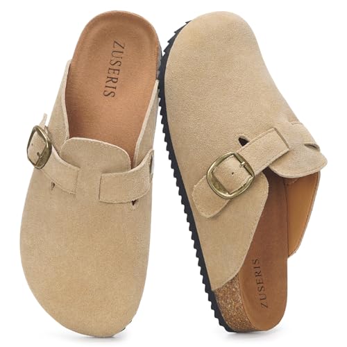 Image of ZUSERIS Suede Clogs for Women Men Wide Width Leather Mules | Soft Cork Footbed,Arch Support,Comfort Potato Shoes