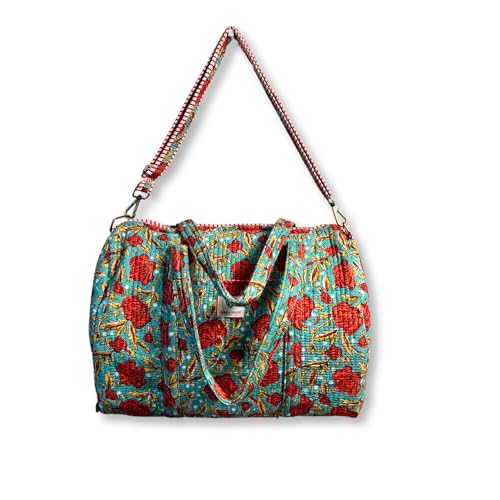 Quilted Cotton Travel Duffel Bag Weekender Short Trip Reinforced Stitching Gift for Her (Rosey Meadow)4