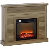 HOMCOM Camino Elettrico con Effetto Fiamma 3D, 97cm 1800W Caminetto Elettrico con Spegnimento Automatico, Risacaldamento Regolabile, Timer e Telecomando per Soggiorno, 30㎡, Color Legno