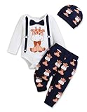 0-3 Months Baby Boy Clothes Newborn Boy Outfit Infant Romper Winter Fall Long Sleeve Deer Print Bow Tie Top Pants 3PC Clothing Set Cute Hat+Overall White Navy Blue