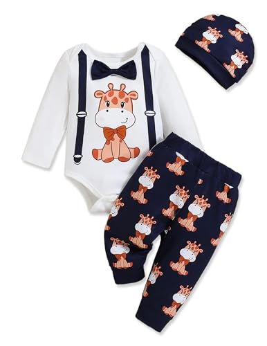 0-3 Months Baby Boy Clothes Newborn Boy Outfit Infant Romper Winter Fall Long Sleeve Deer Print Bow Tie Top Pants 3PC Clothing Set Cute Hat+Overall White Navy Blue