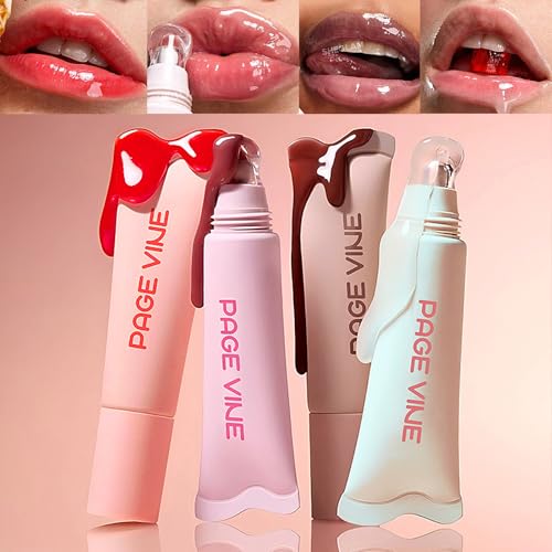 4 Colors Hydrating Jelly Lip Gloss, Moisturizing Tinted Lip Balm, Long Lasting Waterproof Non-Stick Cup Lip Glaze Set, High Shine Mirror Liquid Lipsticks Brighten Plumping Lipstick