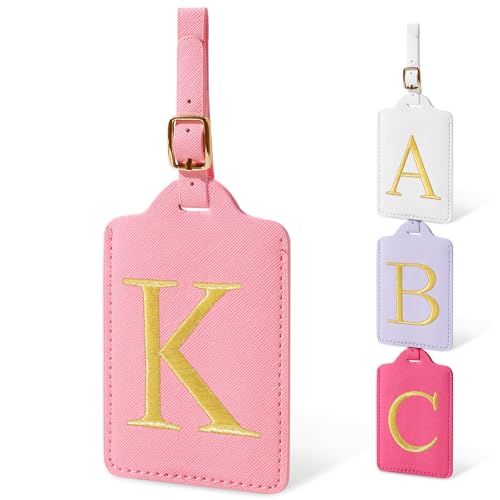 Image of Personalized Initial Luggage Tags for Suitcases, Cute PU Leather Embroidered Letter Travel Luggage Tags, Suitcase Identifier Name Baggage Tag, Bag Tags for Men Women Kids Luggage Handbags(Pink K)