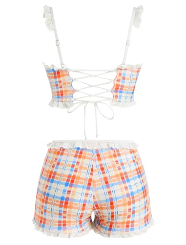 Image of ZAFUL Womens High Waisted Bikini Sets 2 Piece Plaid Ruffle Swimsuits Back Strap Top with High Waisted Shorts Bathing Suit