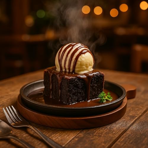 Image of REMARKABLE Iron Sizzler Plate with Wooden Base | Small Dessert Round Serving Platter with Handles | Brownie Sizzler Tray for Cake | Sizzling Brownie Plate |Hot Sizzling Plate | 5 inch Qtr. Size |Set of 3