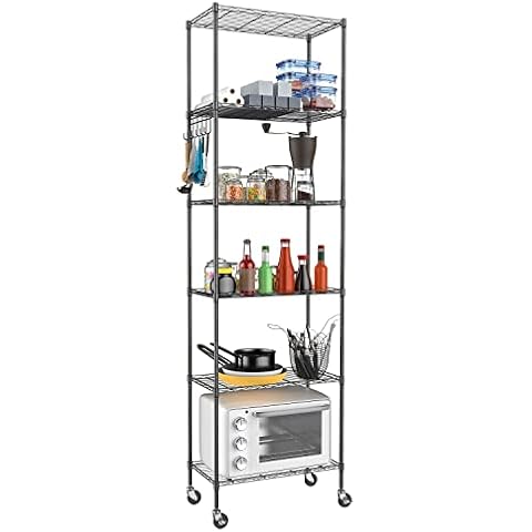 BATHWA Estantería de 6 Niveles con Ruedas, Estante de Metal Ajustable en Altura con Ganchos Cover