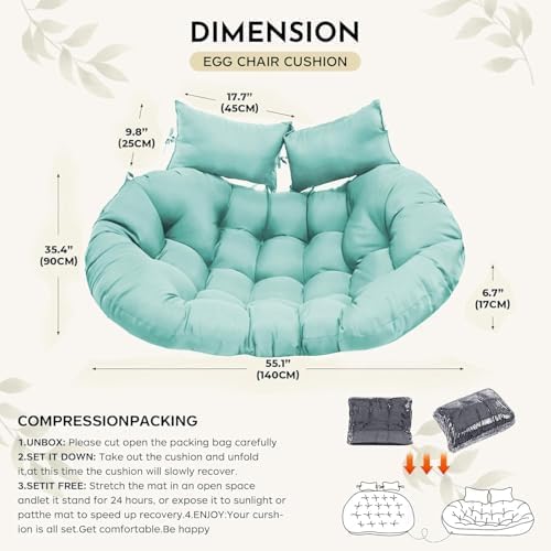 Image of Patio Double Chair Cushion Replacement 55x35in Thickened Memory Foam Large Double Egg Swing Chair Cushions Outdoor Hnaging Basket Egg Chair Cushion 55x35in (Sky Blue Cushion Only) R-3