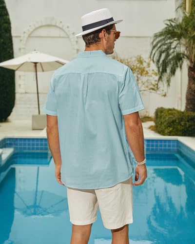 Image of JEKAOYI Mens Casual Linen Cotton Button Down Short Sleeve Shirts Cuban Camp Guayabera Beach Tops