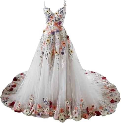 BaoWw Women's 3D Flower Wedding Dresses A Line Beach Bridal Gowns Tulle Prom Dress with Train