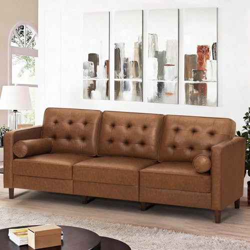 Image of 84 inch Faux Leather 3-Seat Sofa w /Two Bolster Pillows, Brown | Mid-Century Modern Sofa w /Tufted Backrest, Luxury 3-Seater Couch for Living Room, Bedroom, Office