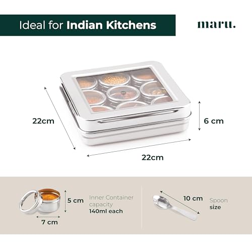 Image of Maru Steel 9-In-1 Masala Container for Kitchen with Heavy-Duty Square Box, Airtight & Durable 9 Storage containers with see-through lids 140ml each, Ideal for Spices, Herbs, Dry Fruits, Mukhwas & More