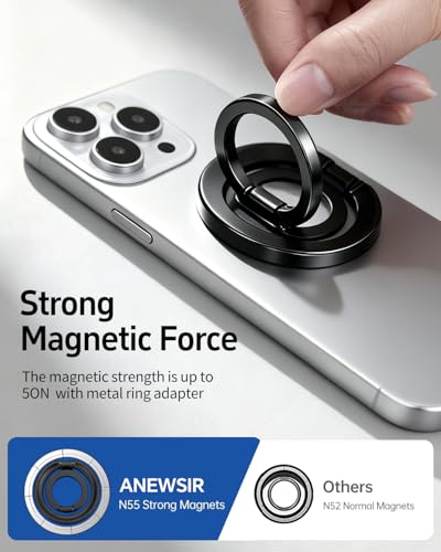 Image of ANEWSIR Magnetic Phone Ring MagSafe Phone Grip, Magnetic Cell Phone Stand Holder Finger Ring [Super Magnet] [360 Rotation] [Double Bracket] Compatible with iPhone 17 /16 /15 /14 /13 /12 Series - Black