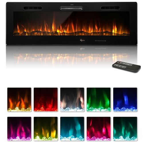 YODOLLA Electric Fireplace Insert with 10 Color LED Flames, Wall Mounted Media Fireplace with Remote, Touch Screen, Crystal & Log, 1000-2000W (152cm)