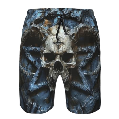 Skull and Horns Evil Pentagram Satanic Death and Dark Men's Quick Dry Swim Shorts, Mesh Lined Beach Trunks with Pockets