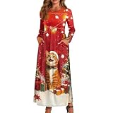 Frymappies Christmas Lights Outfit Women Cat Fall Long Sleeve Dress Round Neck Maxi Dresses Plus Size Loose T Shirt Dress for Xmas Holiday Clothes A-Line Flowy High Waisted Dresses with Pockets 3XL