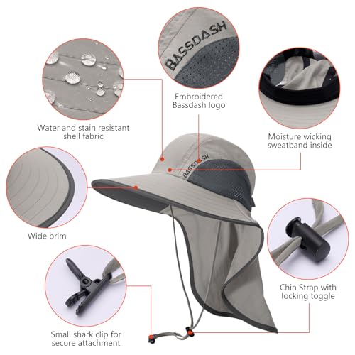 Image of BASSDASH UPF 50+ Unisex Water Resistant Wide Brim Sun Hat with Large Neck Flap Ponytail Fishing Hat for Men Women