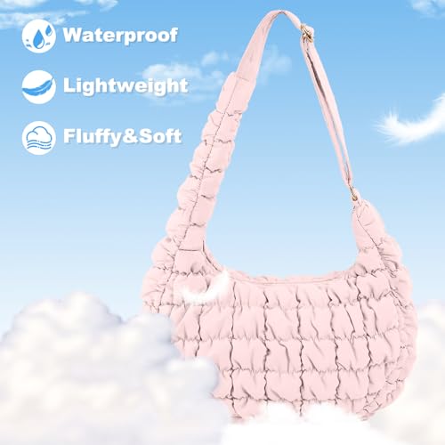 Small Puffer Crescent Shoulder Bag for Women Quilted Puffer Purse Nylon Puffy Handbag Pink2