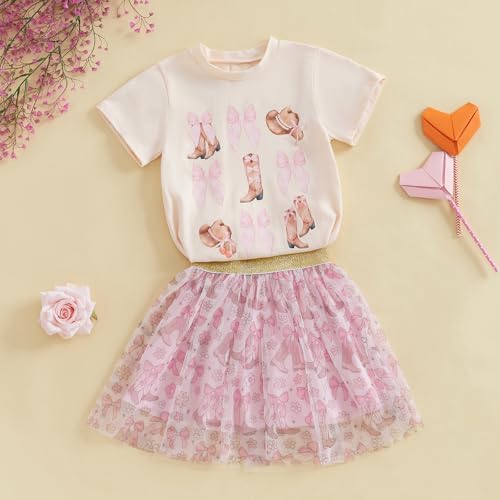 Image of Kayotuas Toddler Girl Summer Outfits Bow Embroidery Short Sleeve T-shirt and Sparkle Tutu Skirt Cute Sister Matching Dresses