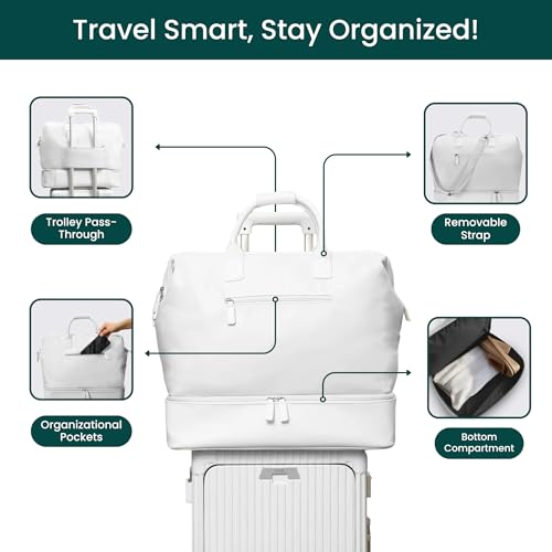 NOBL Travel Weekender Bag for Women & Men, Large Duffel Carry-On Tote with Trolley Sleeve, Separate Shoe Compartment & Laptop Pocket, Leather Overnight Bag for Airplane, Gym, Road Trips - White3